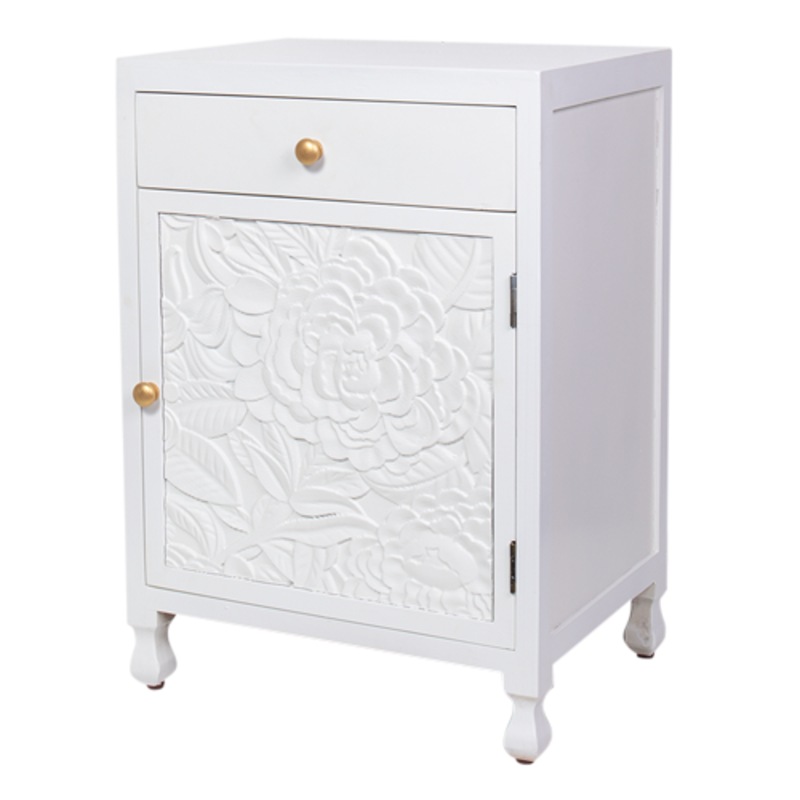 Buy Sun Deco Dahlia Carved Wood Bedside Table in White MyDeal
