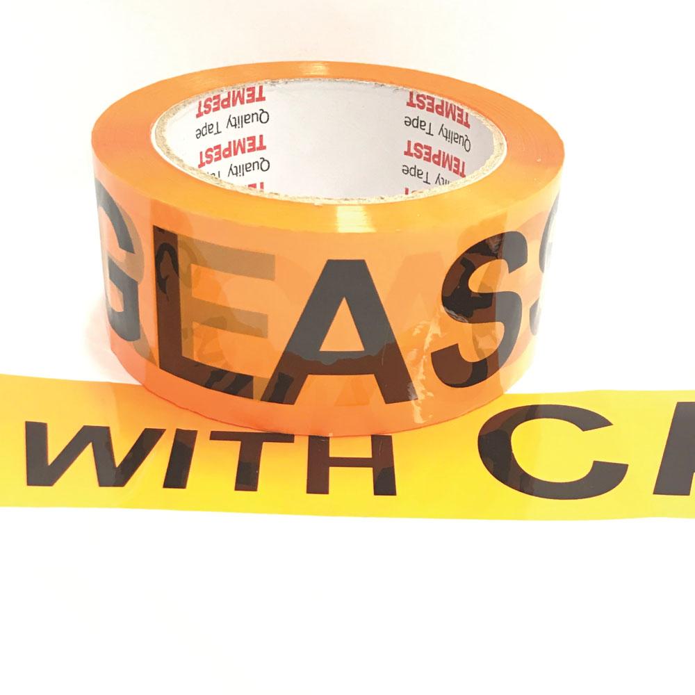 Glass Dispatch Tape Orange Black 48mm x 75mm Roll With Care Packing Label