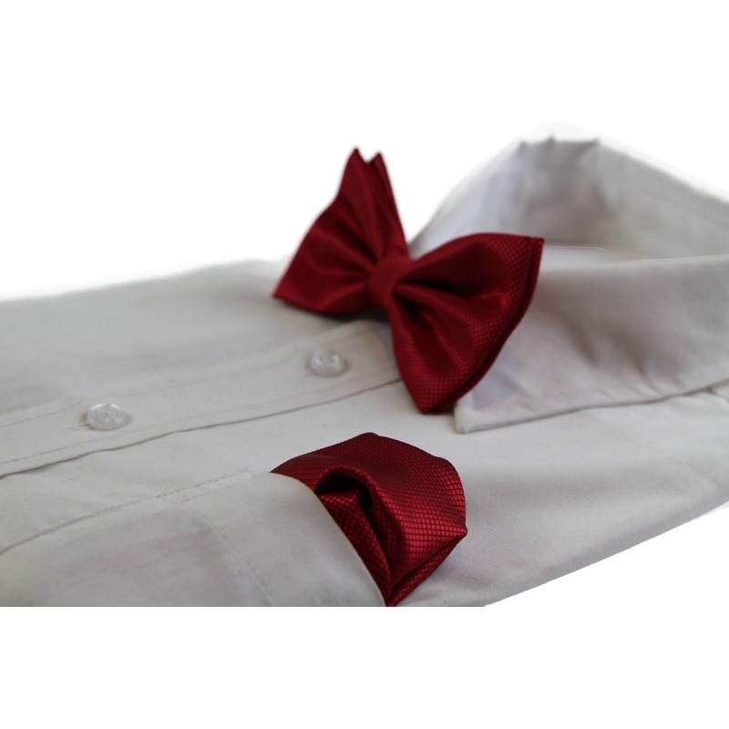 Buy Mens Dark Red Plain Coloured Checkered Bow Tie & Matching Pocket Square Set MyDeal