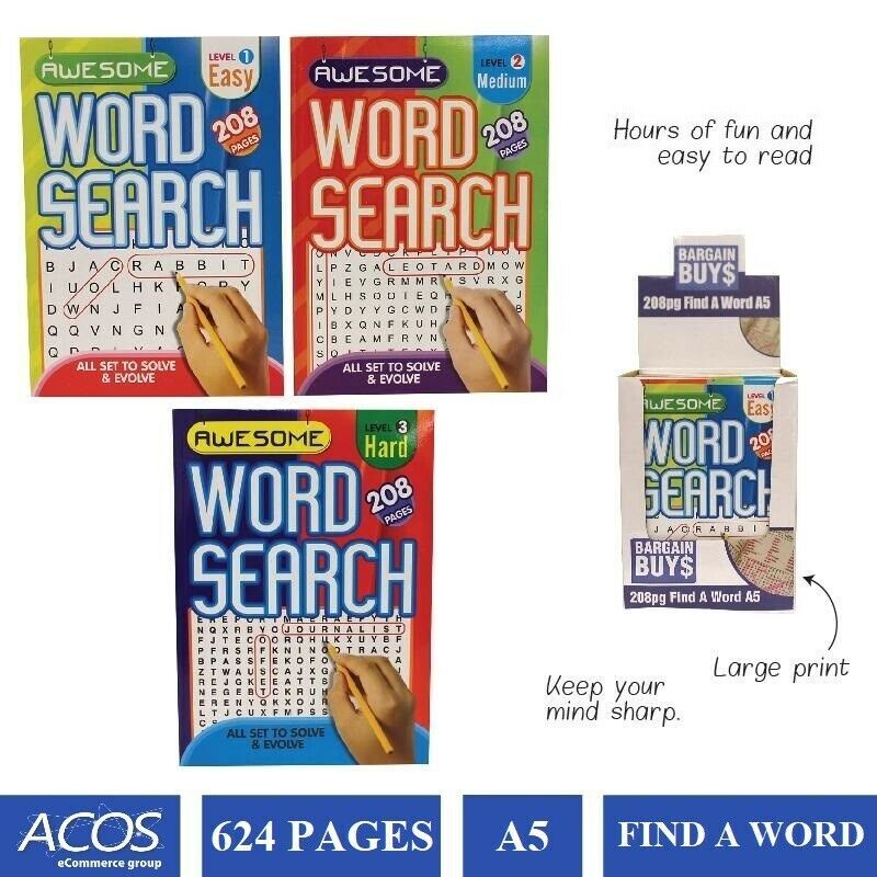 3 X A5 Word Search Book Words Find Puzzle 624 Pages Brain Game Easy Medium Hard Buy Puzzles Crosswords