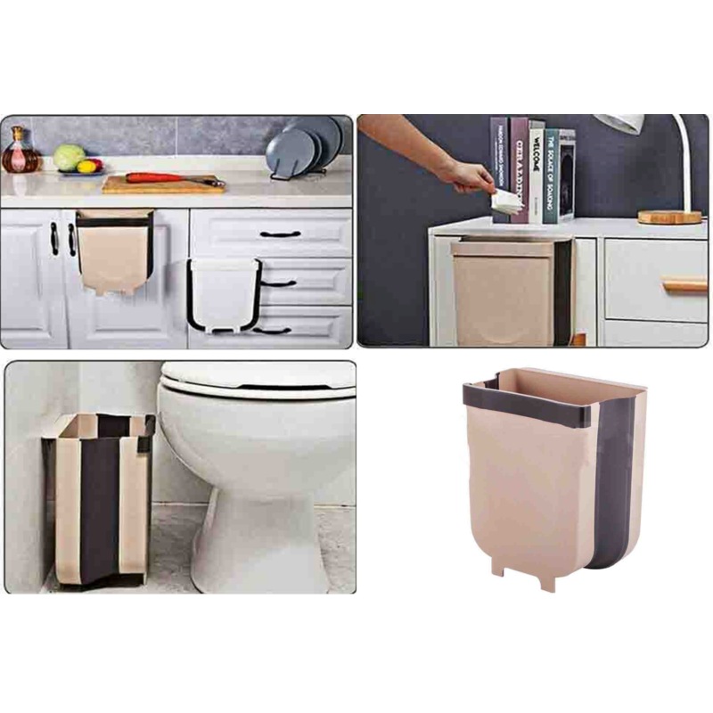 9L Kitchen Wall Mounted Foldable Waste Bin Hanging Trash Can Collapsible - Brown main image 1