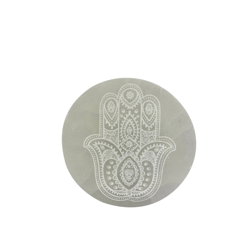 Buy Hamsa Hand Selenite Charging Round Display Plate Crystals Jewelry