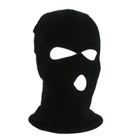 Winter Unisex Knitted Hat Three Holes Solid Color Full Face Balaclava Dome Knitting Face Cover Cap for Outdoor Cycling-Black