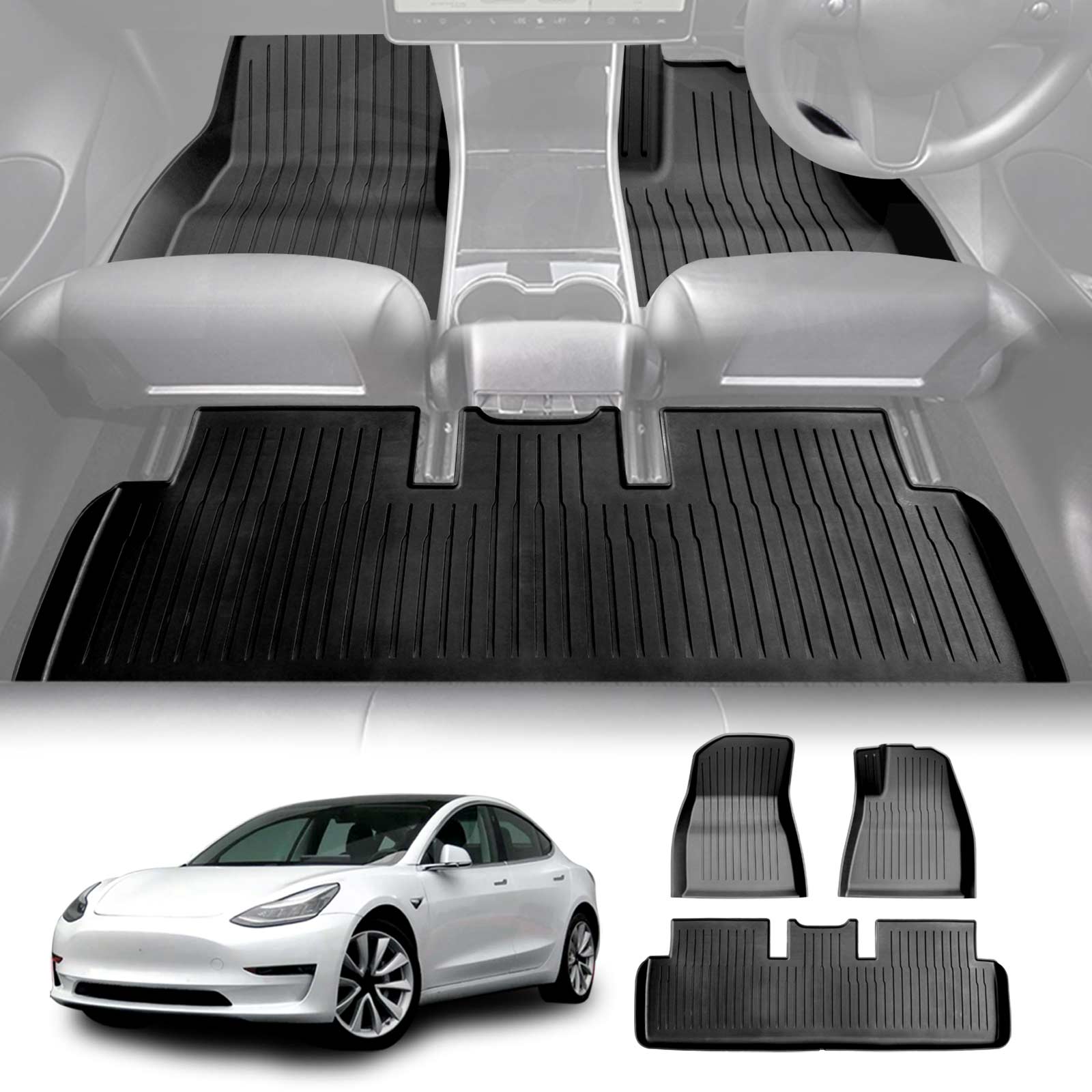 3D Heavy Duty All Weather Car Mat Floor Liner Complete Set Front Rear 2 Row Seat for Tesla Model 3