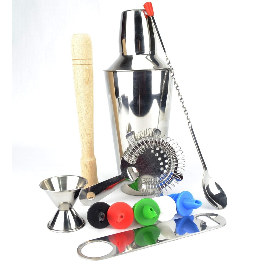 PurpleSpoilz 10 Pce Cocktail Shaker Set With Coloured Pourers & Free Bar Blade