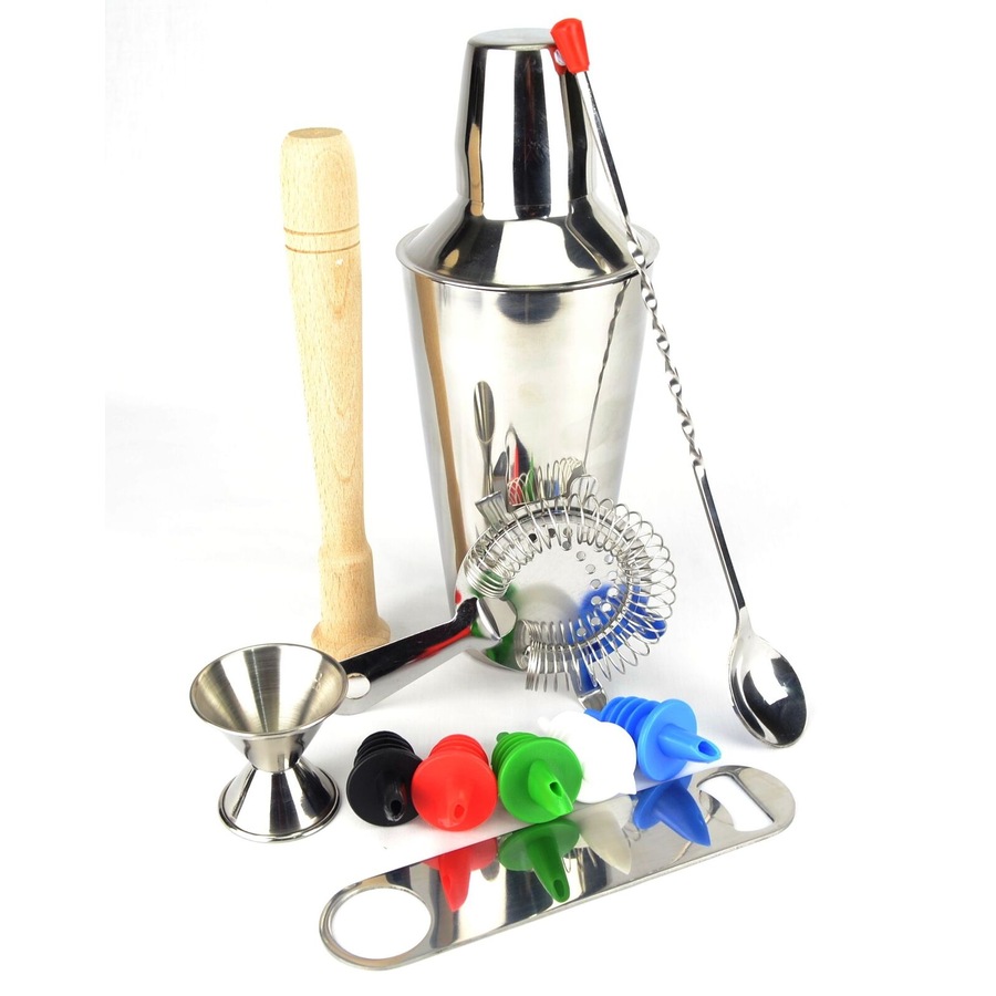 PurpleSpoilz 10 Pce Cocktail Shaker Set With Coloured Pourers & Free Bar Blade