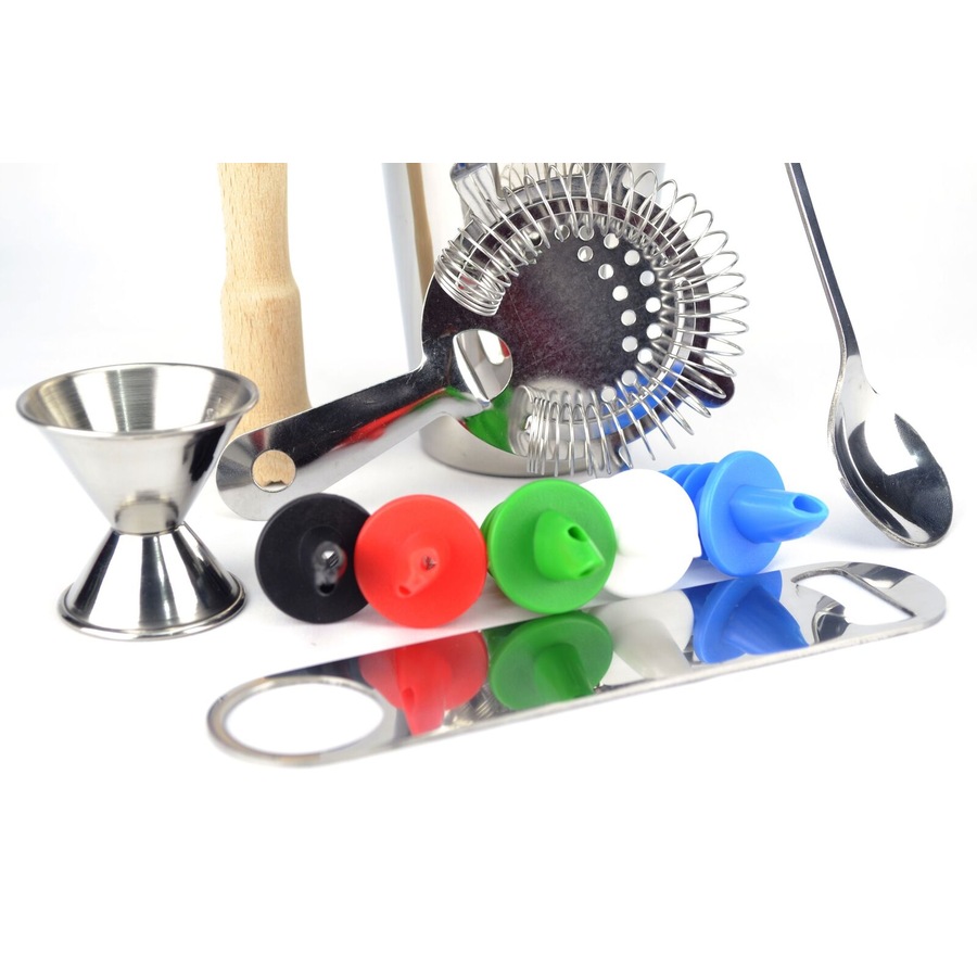 PurpleSpoilz 10 Pce Cocktail Shaker Set With Coloured Pourers & Free Bar Blade