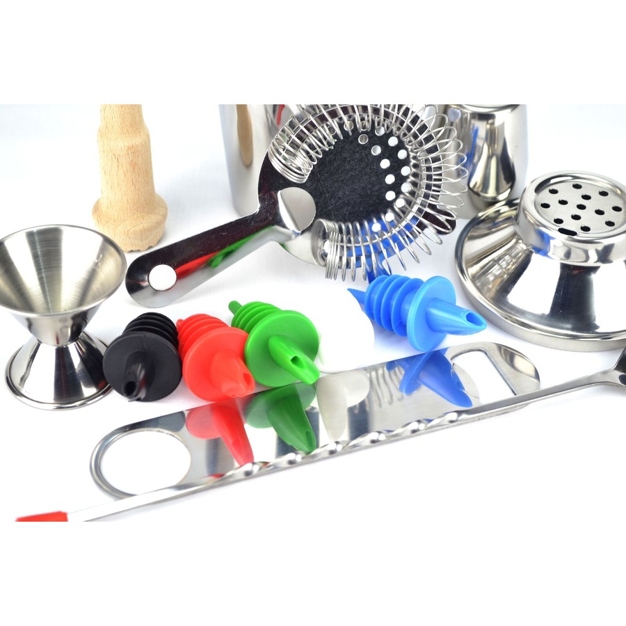 PurpleSpoilz 10 Pce Cocktail Shaker Set With Coloured Pourers & Free Bar Blade