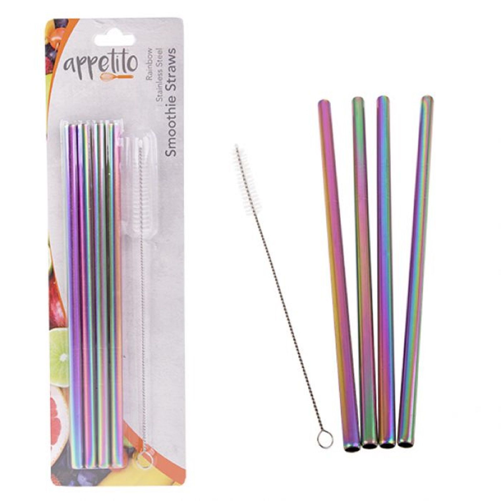 Appetito Set 4 METALLIC Rainbow Straight Stainless Steel Straws + Cleaning Brush