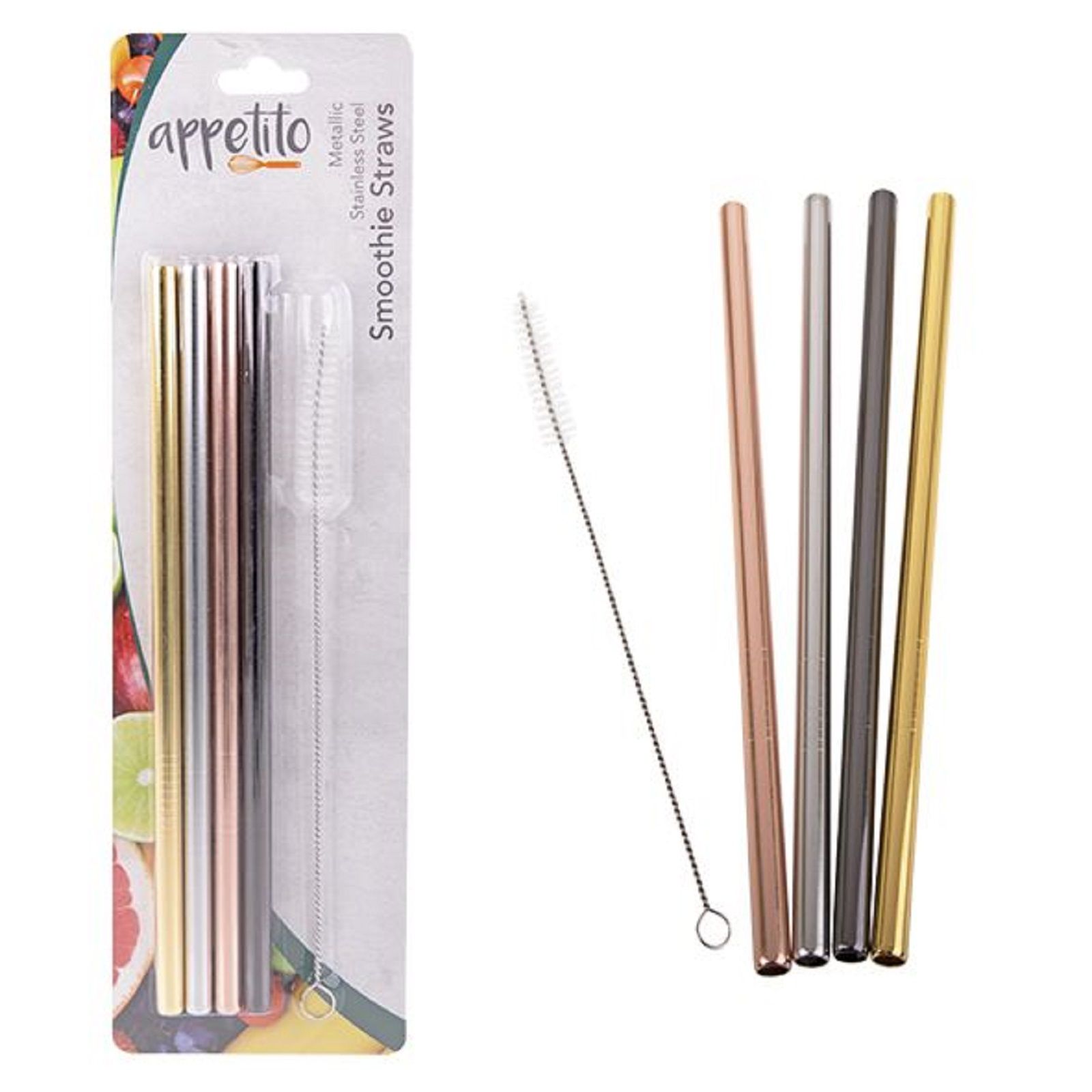 Appetito Set 4 METALLIC Straight Stainless Steel Straws + Cleaning Brush