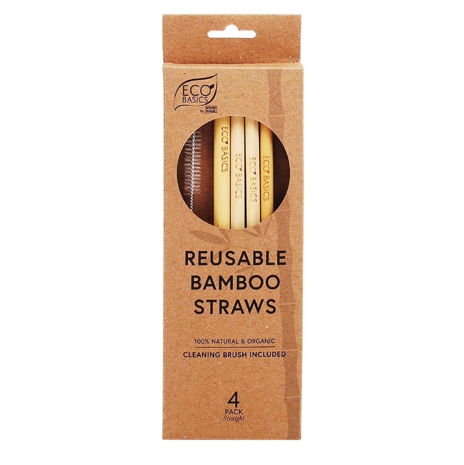White Magic Reusable Bamboo Straws + Cleaning Brush Set 4