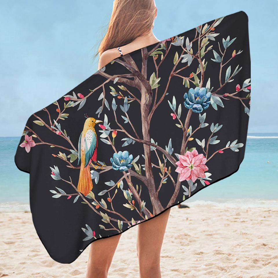 Art Painting Flowering Bird Tree Microfiber Beach Towel