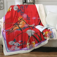 Asian Art Painting Bird on Red Throw Blanket