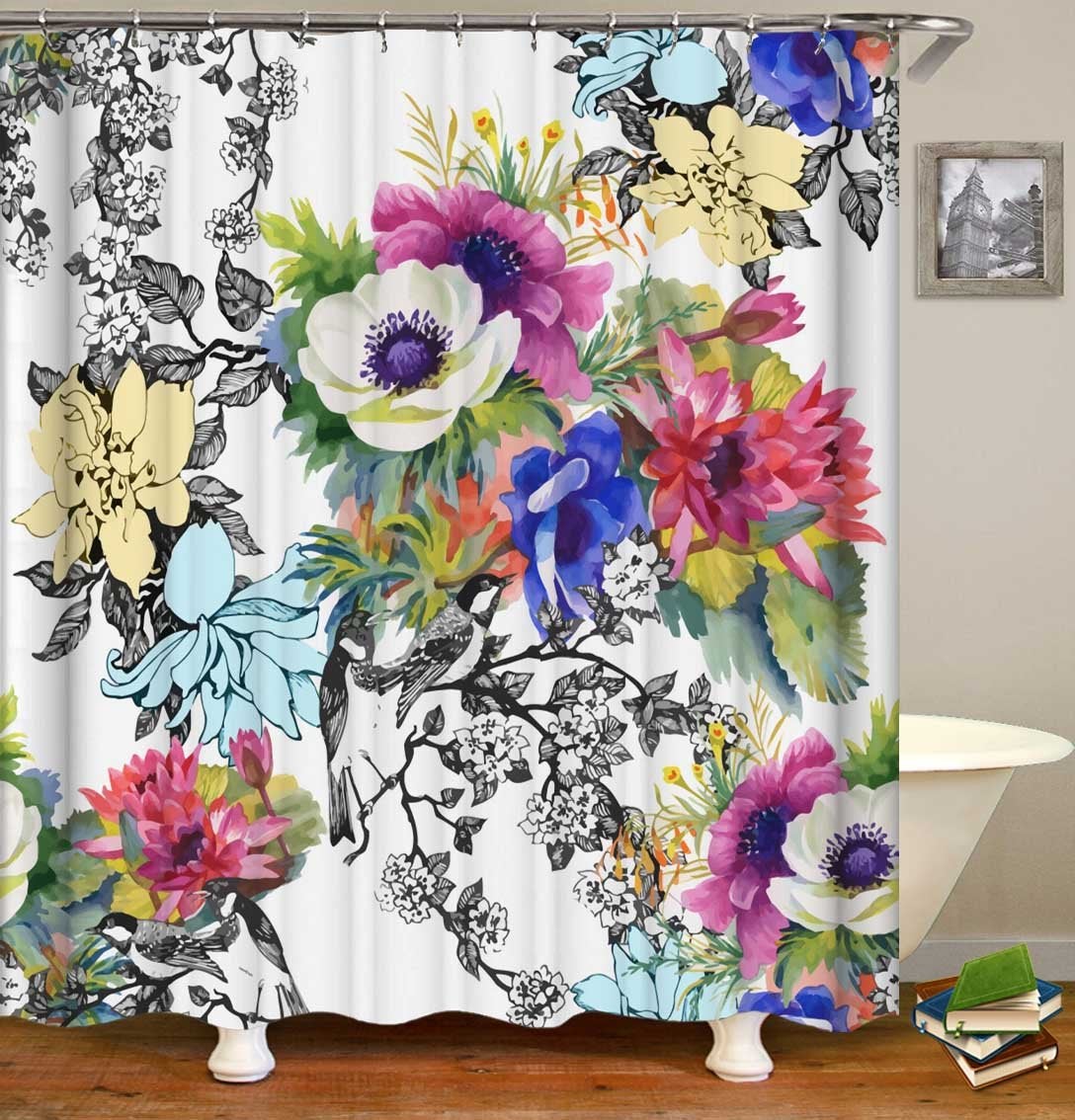 Black and White Colorful Floral Shower Curtain
