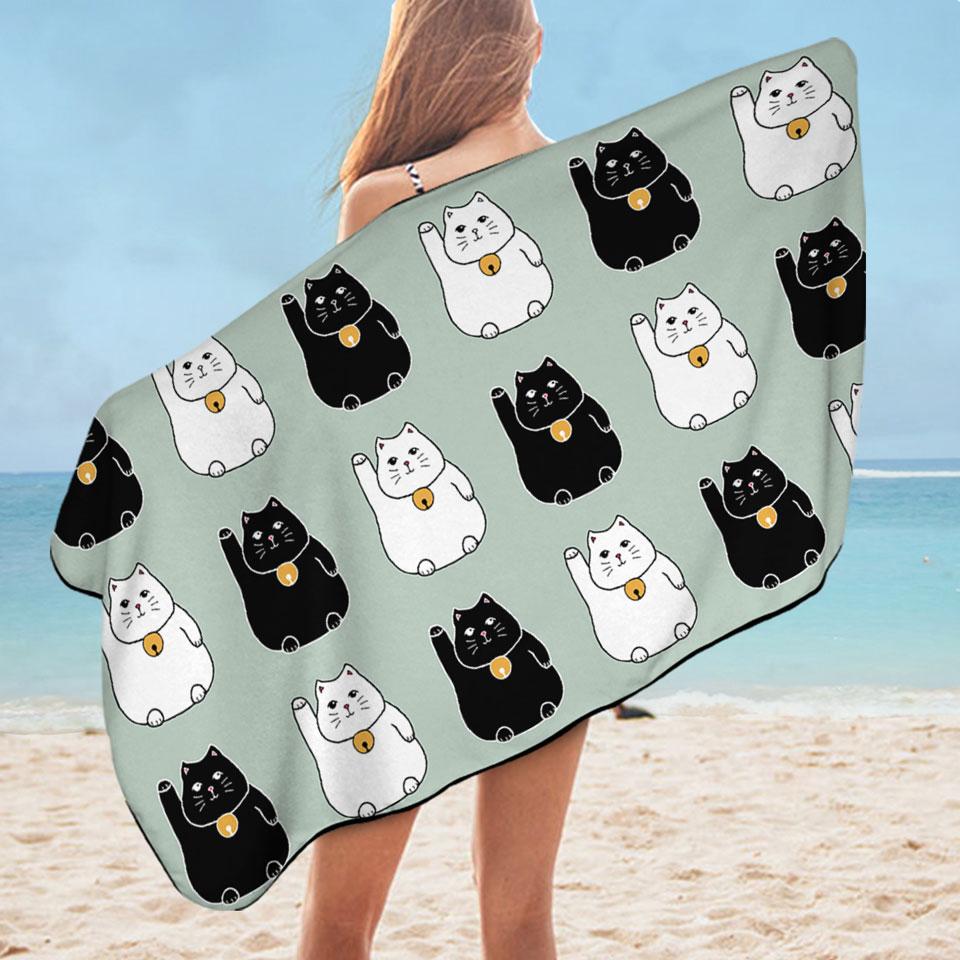 Black and White Lucky Cats Microfiber Beach Towel