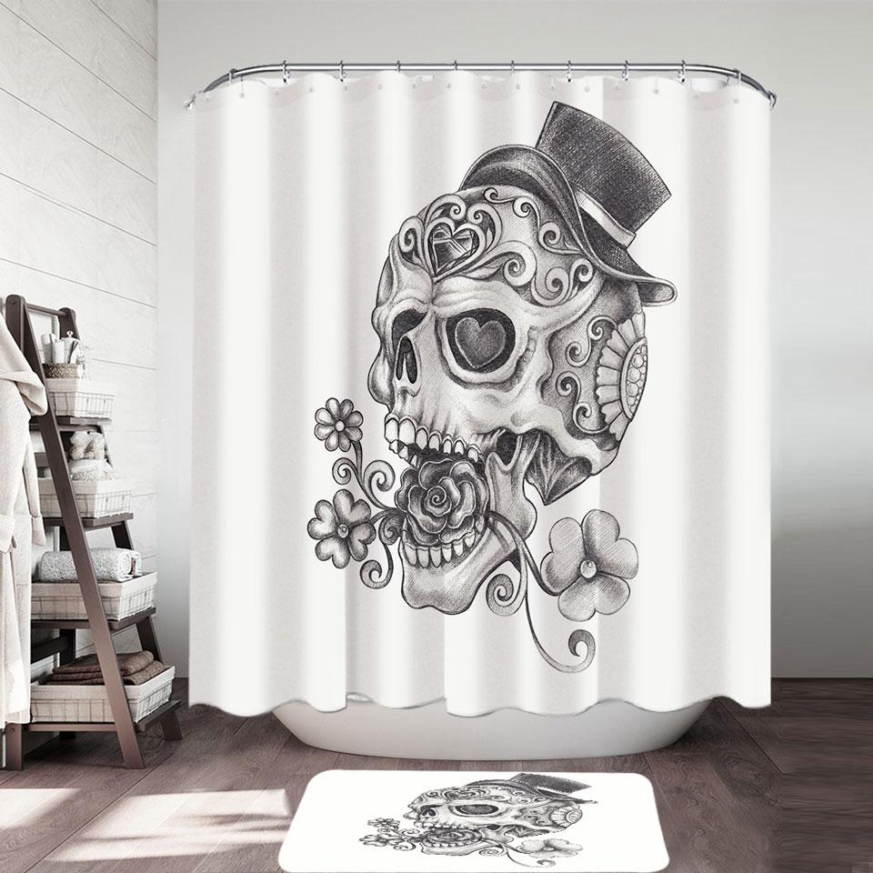 Black and White Pencil Skull Drawing Shower Curtain