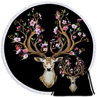 Black Background Floral Deer Beach Towel
