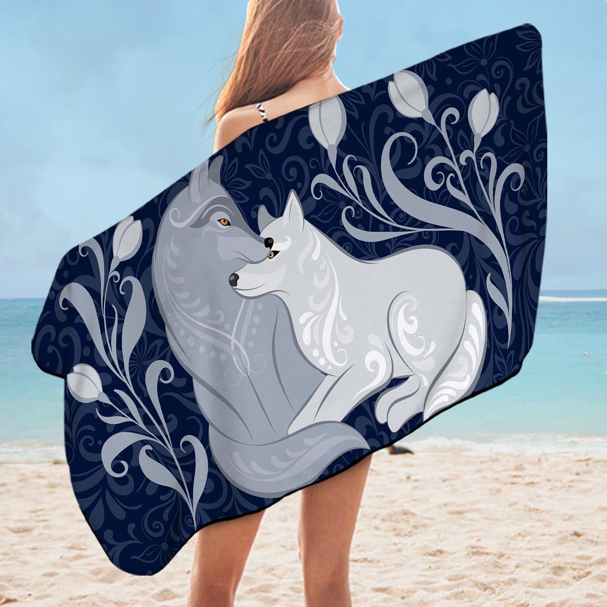 Blue Flowers and Wolves Microfiber Beach Towel