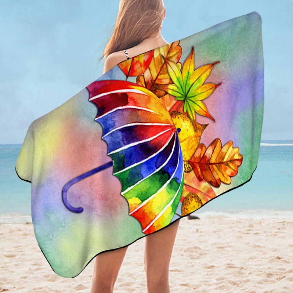 Colorful Umbrella and Autumn Leaves Microfiber Beach Towel