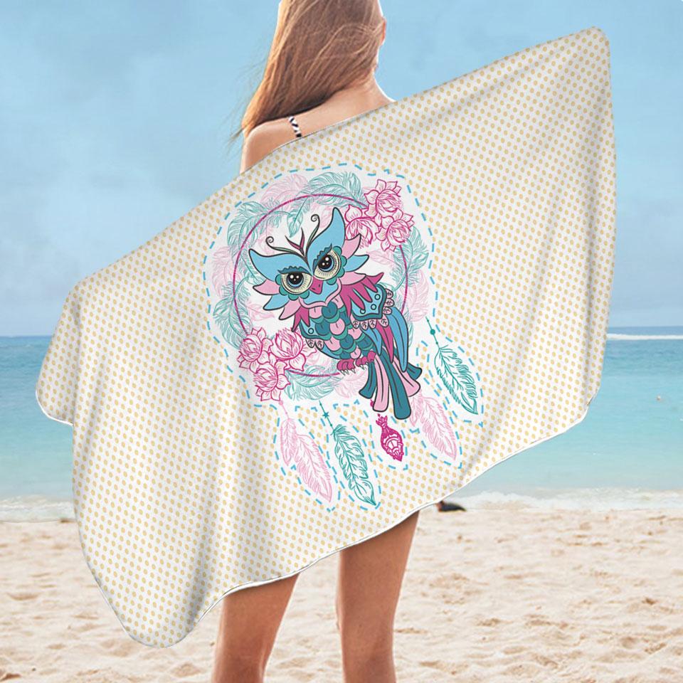 Dream Catcher and Graceful Lady Owl Microfiber Beach Towel