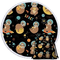 Funny Cool Sloth in Space Round Beach Towel