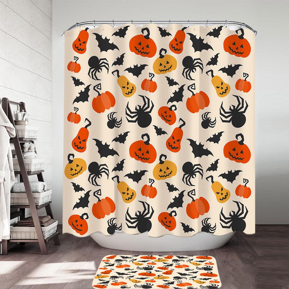 Halloween Scary Pumpkins Bats and Spiders Shower Curtain