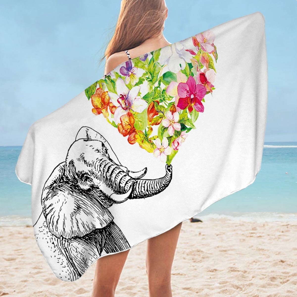 Heart of Flowers and Elephant Microfiber Beach Towel