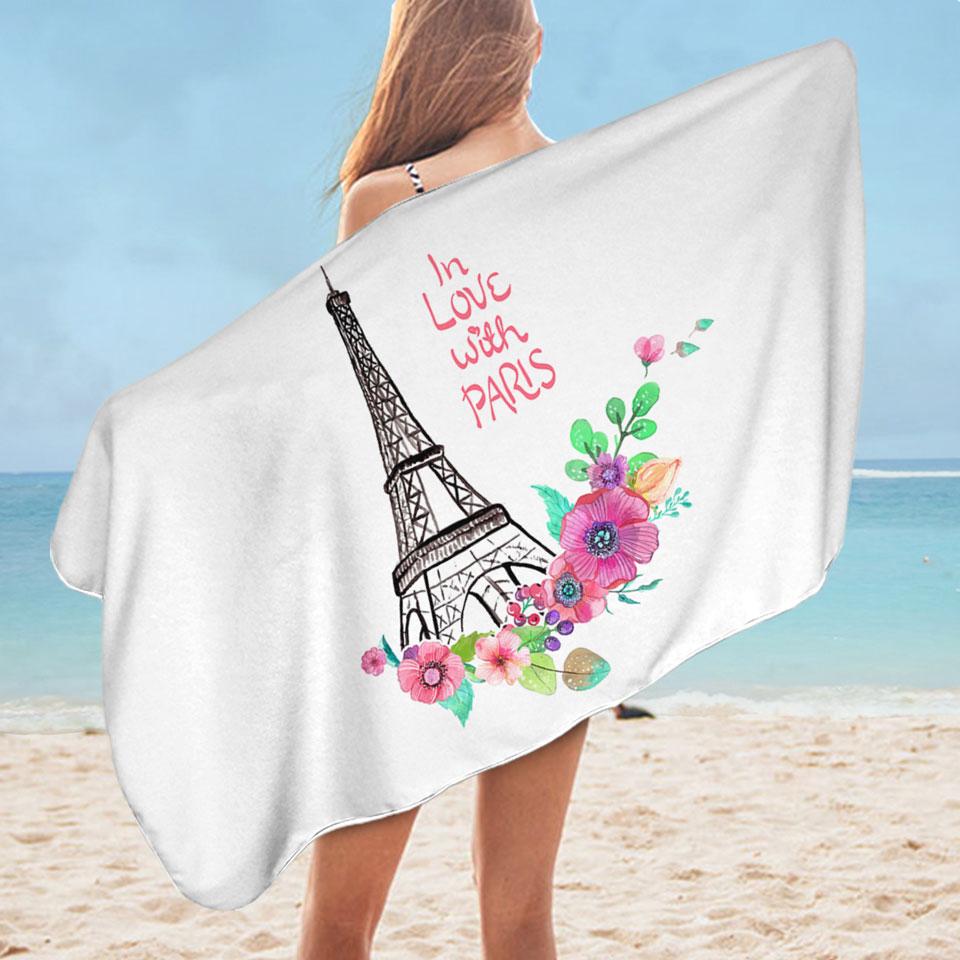 Paris Eiffel Tower Drawing and Flowers Microfiber Beach Towel
