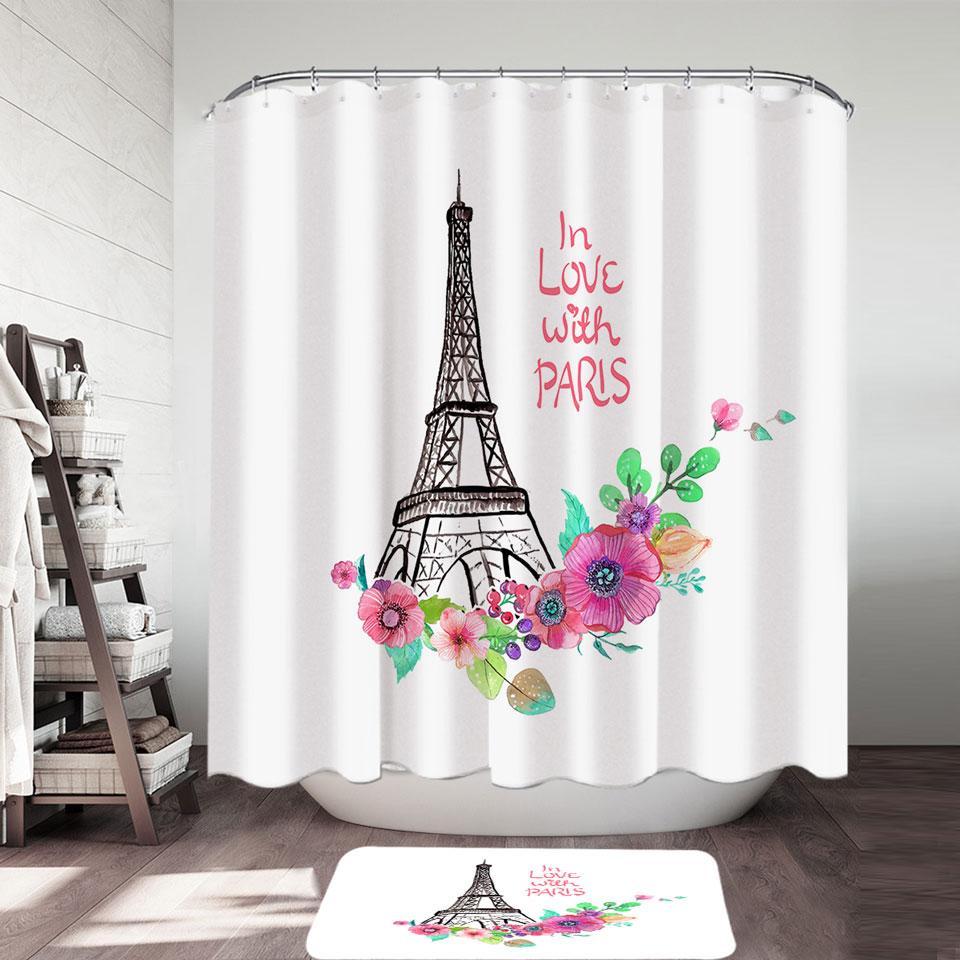 Paris Eiffel Tower Drawing and Flowers Shower Curtain