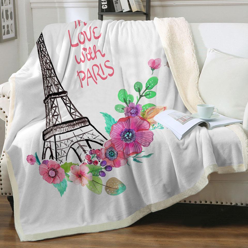 Paris Eiffel Tower Drawing and Flowers Throw Blanket