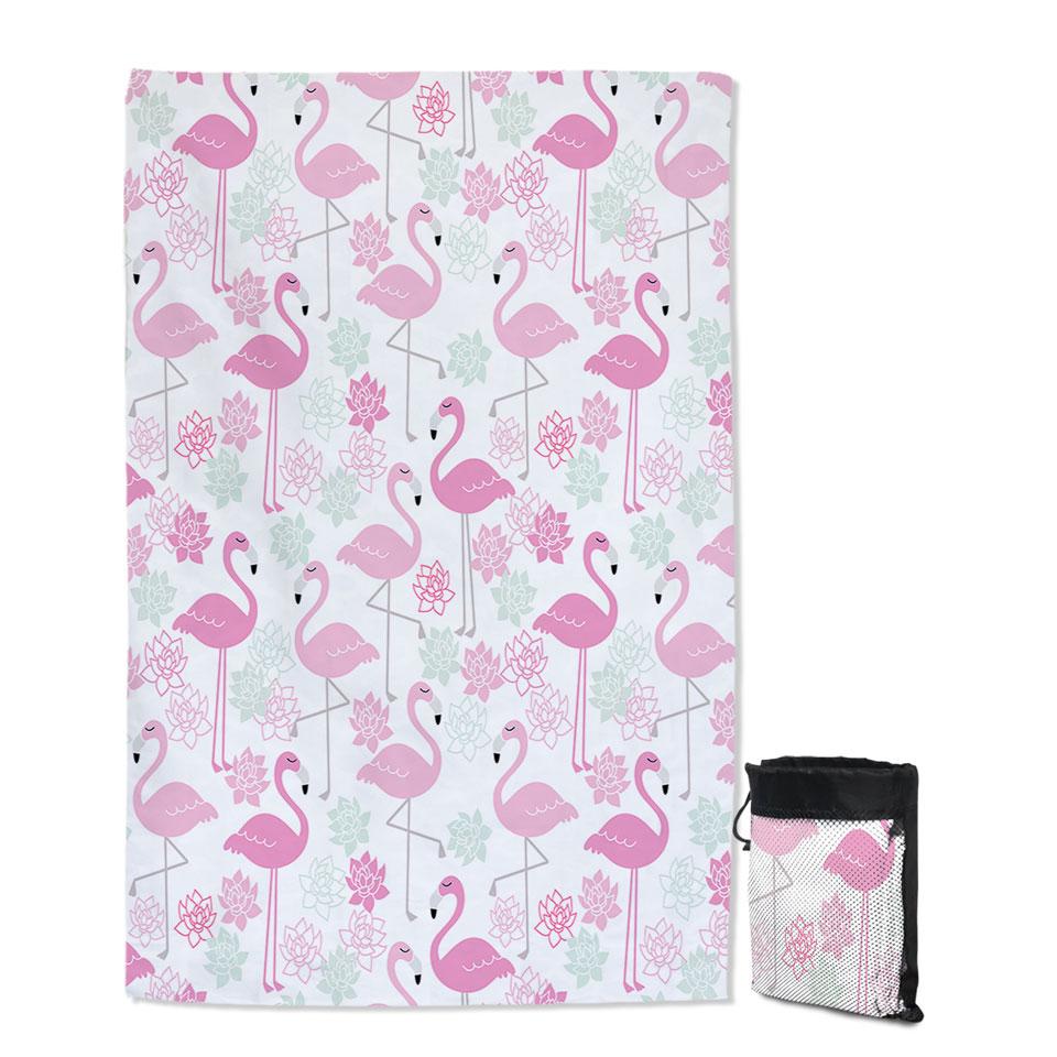 Pink Mint Lilies and Flamingos Quick Dry Beach Towel