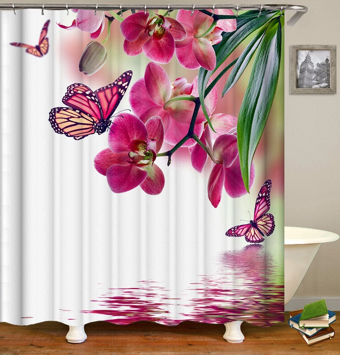 Pinkish Butterflies And Flowers Shower Curtain