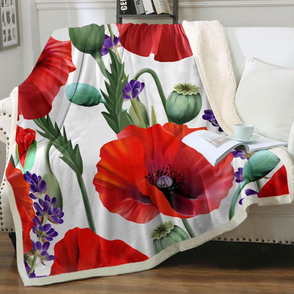 Purple Lavender and Red Poppy Flowers Throw Blanket