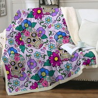Purplish Sugar Skulls and Flowers Throw Blanket
