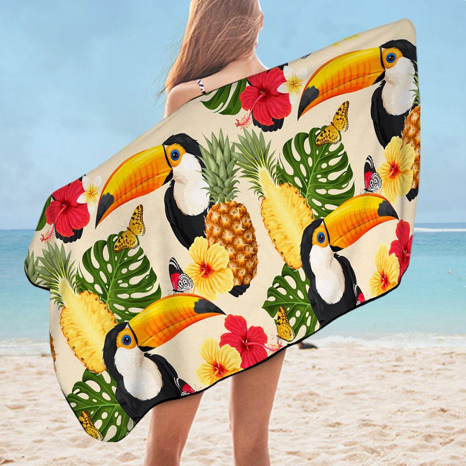 Toucans Tropical Flowers and Pineapple Microfiber Beach Towel