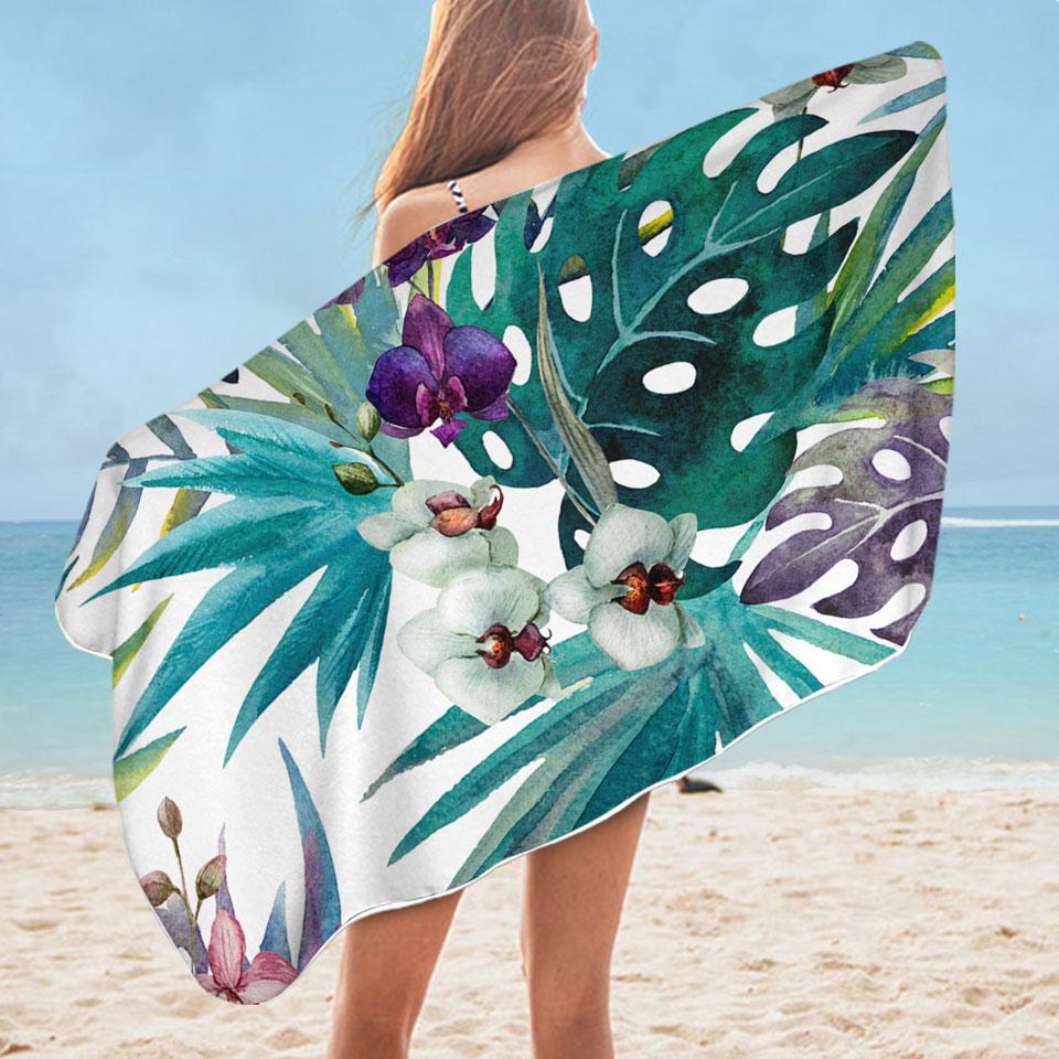 Tropical Leaves and Purple White Orchid Flowers Microfiber Beach Towel