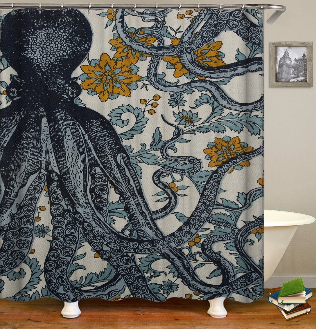 Vintage Octopus Flowery Background Shower Curtain