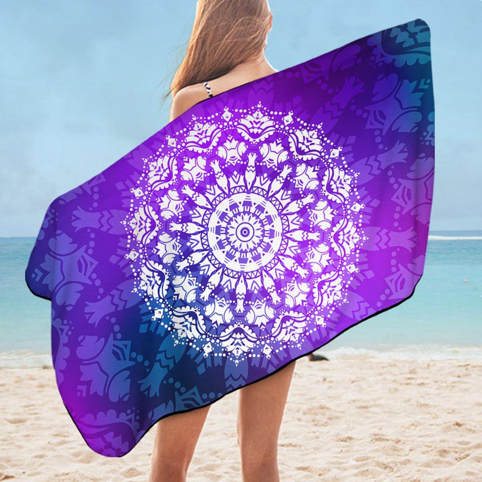 White Royal Floral Mandala over Purple Microfiber Beach Towel