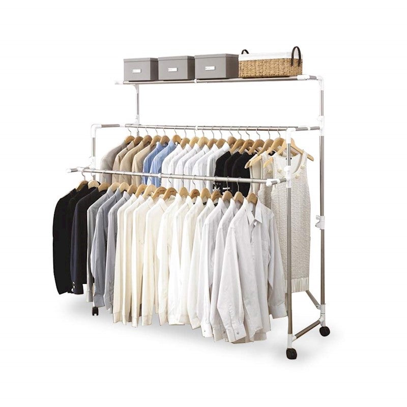 CS Living - Adjustable Foldable Rolling Clothes Laundry Drying Clothing Rack - Stainless Steel Rod with Wheels