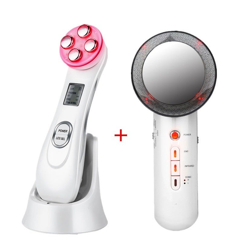 2PCS/Set Electric RF Facial Massager Machine Wrinkles Removal + Ultrasonic Infrared Facial Body Slimming Massager Weight Loss (White)