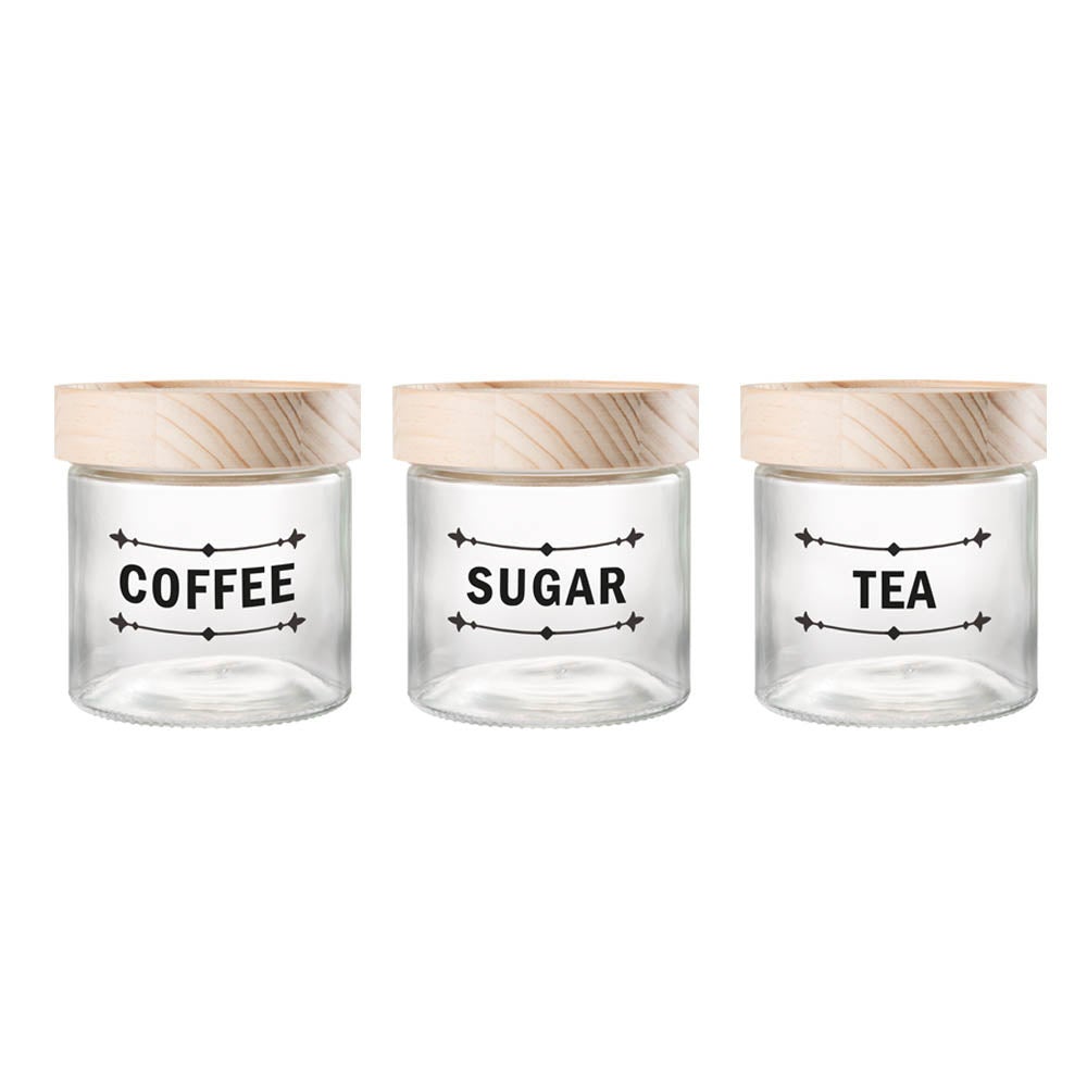 Ambrosia 3 Piece Tea, Coffee & Sugar Glass Canister Set with Pinewood Lids 750ml