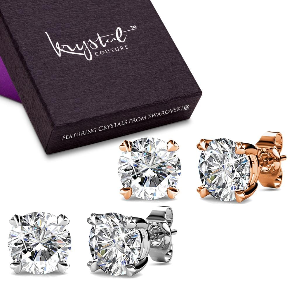 Boxed 2 Pairs Solitaire Studs Earrings Set Embellished with Swarovski® crystals