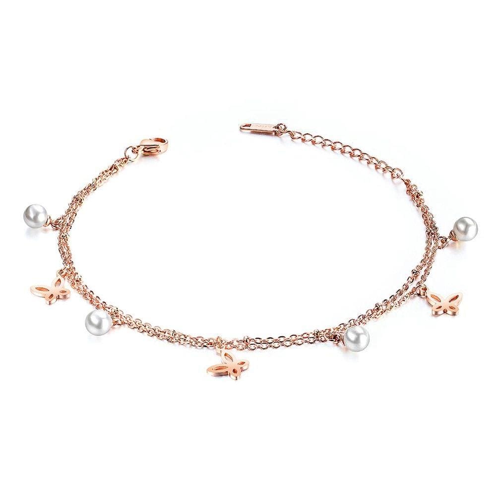 Nisha Butterflies and Pearls Ankle Jewellery Rose Gold Layered Anklet