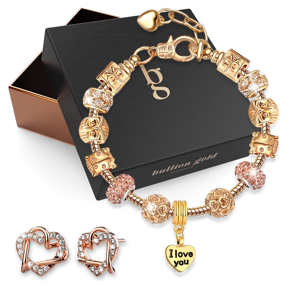 Boxed Set of Pandora Inspired Bead Charm Bracelet and Exquisite SWAROVSKI® Crystal Encrusted Earrings