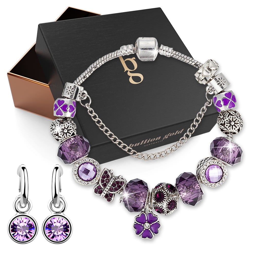 Boxed Set of Pandora Inspired Bead Charm Bracelet and Exquisite SWAROVSKI Crystal Encrusted Earrings