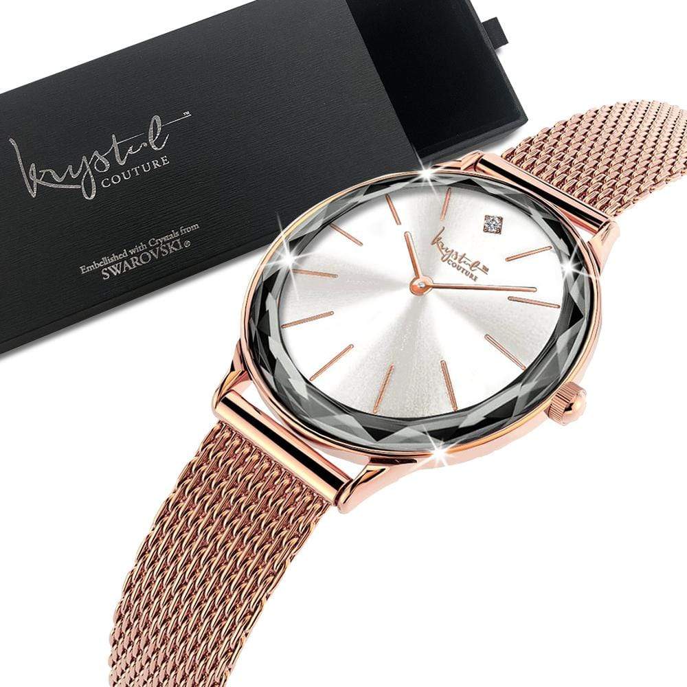 Krystal Couture Geometric Mineral Glass Feat SWAROVSKI Crystal Watch Rose Gold White