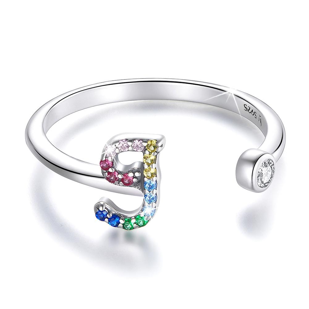 Solid 925 Sterling Silver Colourful Rainbow Alphabet Letter Adjustable Rings - J