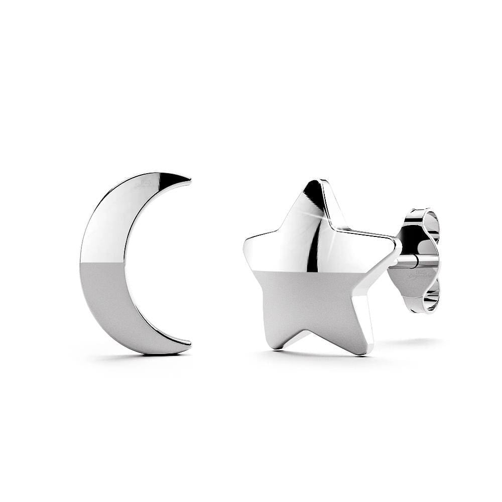 Solid 925 Sterling Silver Crescent Moon and Star Stud Earrings