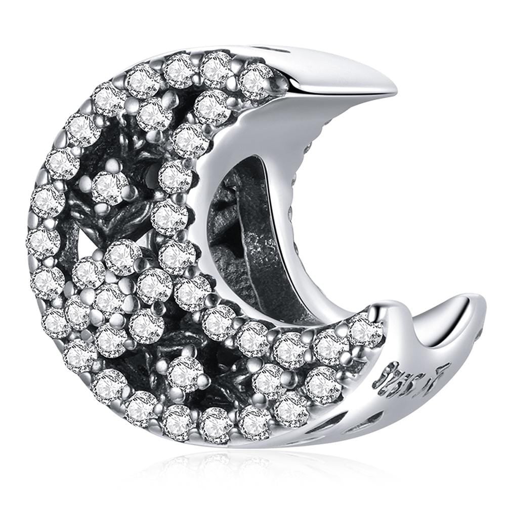 Solid 925 Sterling Silver Crescent Moon Crystals Pandora Inspired Charm