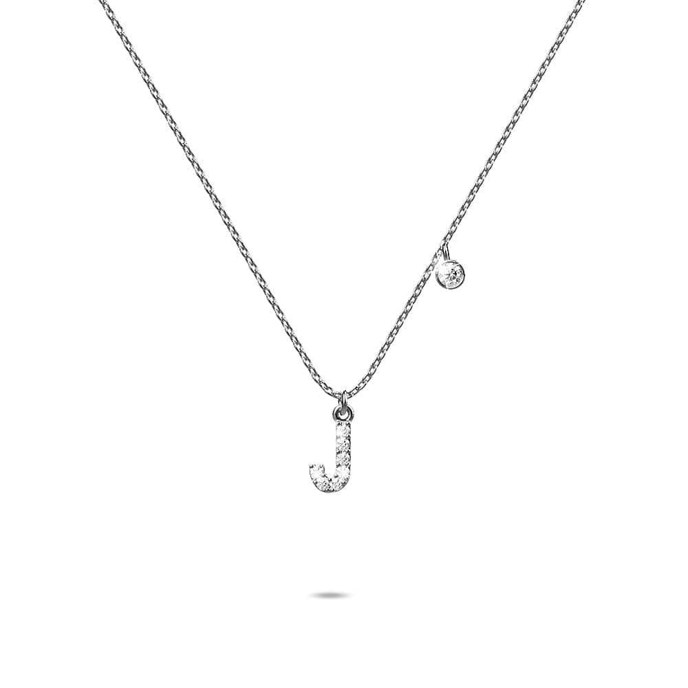 Solid 925 Sterling Silver Initial Crystal Personalised Alphabet Letter Necklace Silver- J